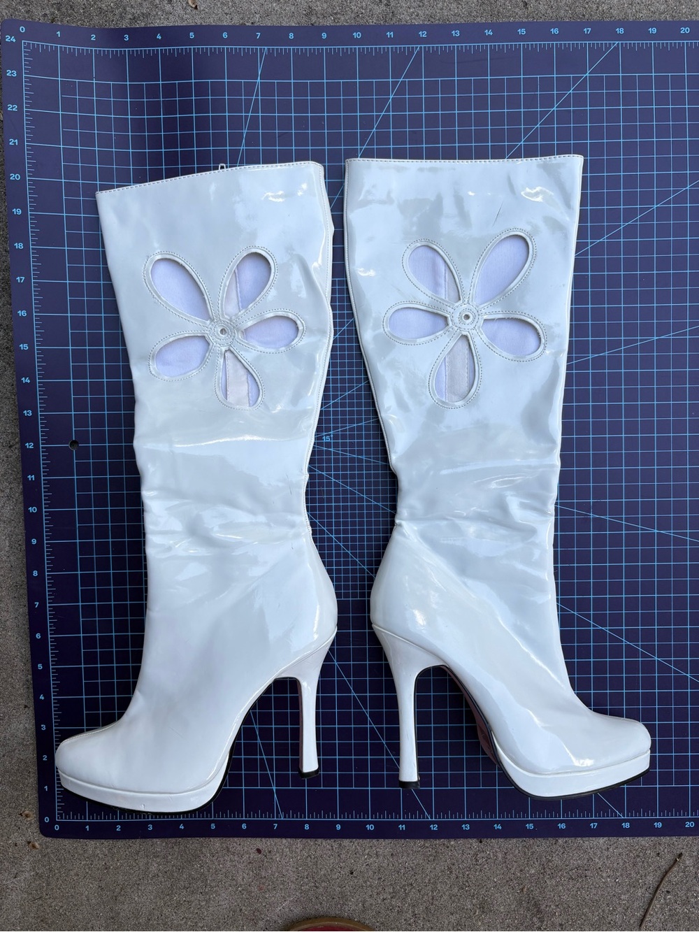 Leg Avenue White Patent Flower Cutout Knee-High Stiletto Boots